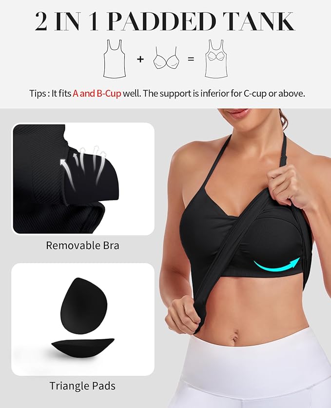 V FOR CITY Built in Bra Halter Tops for Women Padded Workout Tank Strappy Camisole Gym Yoga Cami Top