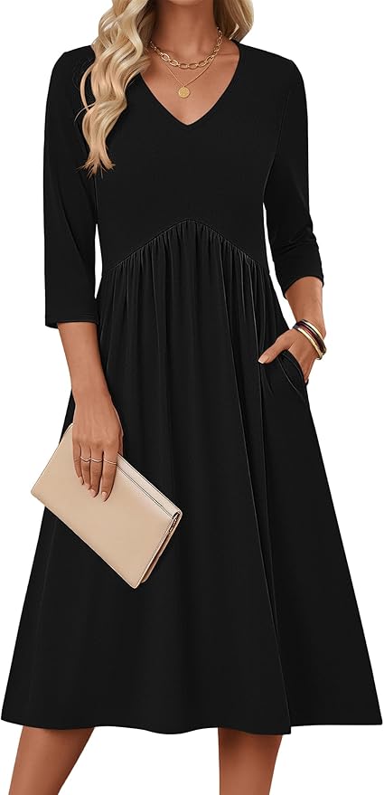 ZEAGOO 3/4 Sleeve Women's Dress Casual Flowy A-Line Midi Tshirt Dresses with Pocket Empire Waist Summer Boho Beach Sundress