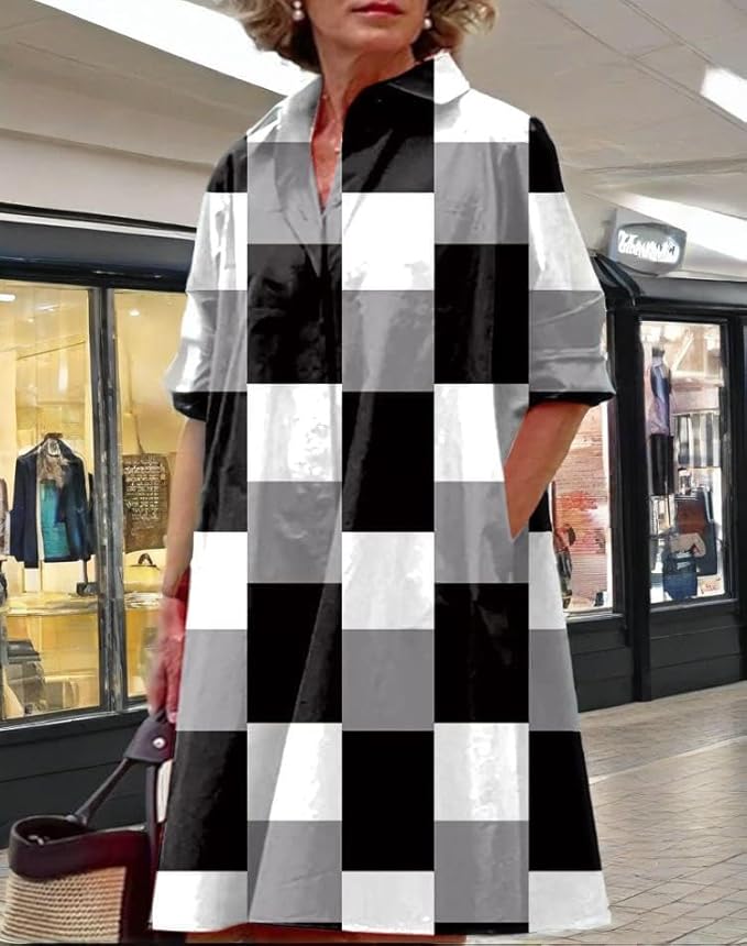 Womens 2025 Long Sleeve Button Down Shirt Summer Dress Casual V Neck Loose Fit Midi Shirt Dresses with Pockets