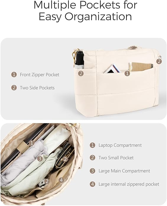 Moyad Puffy Tote Bag for Women with Zipper, Lightweight Quilted Bags Shoulder Handbag for Work, Travel, Gym, Nurse, Teacher