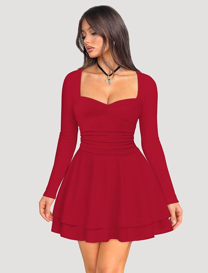 IWD Women's Square Neck Long Sleeve Mini Dress Ruched Corset Waist Tiered Ruffle Hem A Line Short Party Dresses