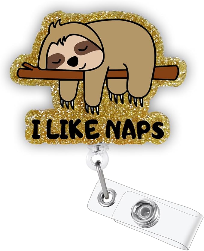 I Like Naps Funny Sloth Badge Reel, Cute Healthcare Retractable ID Card Badge Holder, Name Tag Work Badge Clip for Sleep Center RN LPN CNA MA Night Shift Nurse Pacu Psychiatry Doctor, Nurse Gifts