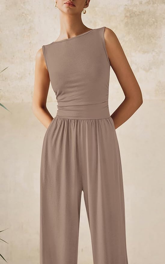 PRETTYGARDEN One Piece Jumpsuits for Women Dressy Casual Sleeveless Crewneck Wide Leg Rompers Jumpers Vacation Summer Outfits