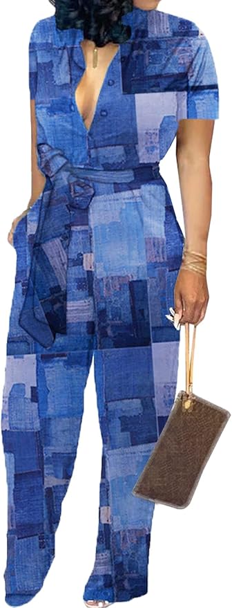 SeNight Women's Jumpsuits Elegant Business Casual Button Down V Neck Long Sleeve Strap Straight Long Pants With Pockets