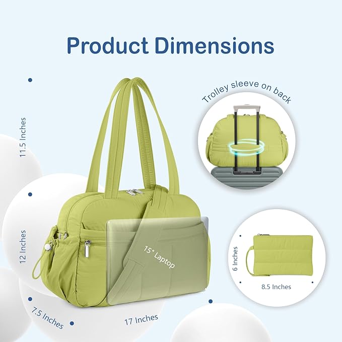 TOPDesign Travel Duffel Bag for Women, Puffer Gym Bag Sports Tote with Wet Pocket, Carry On Weekender with Luggage Sleeve (Light Green)