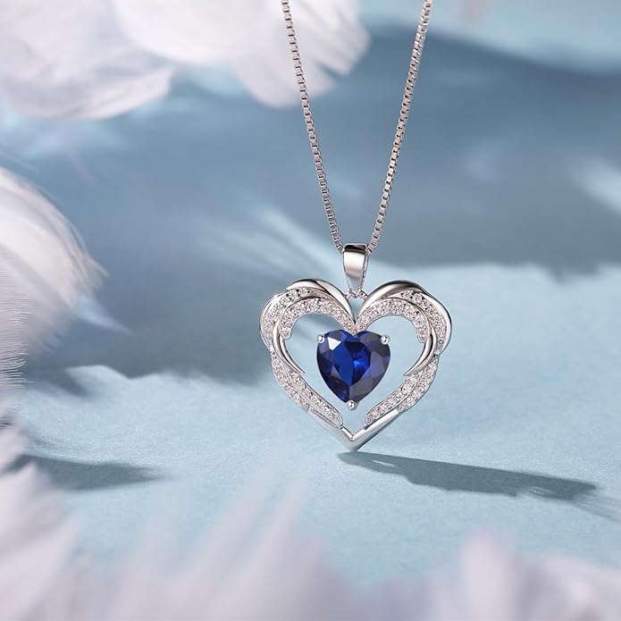 Jurikko Heart Necklaces Valentine's Gift for Women, Birthstone 925 Sterling Silver Angel Wings Love Pendant Necklaces for Women, Jewelry Gifts for Wife, Anniversary, Mother's day