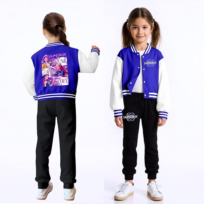 K PopGirls Kpop Tracksuit Cute Cartoon Print Baseball Coats Fashion Long Sleeve Jackets and Pants Christmas Costume Set