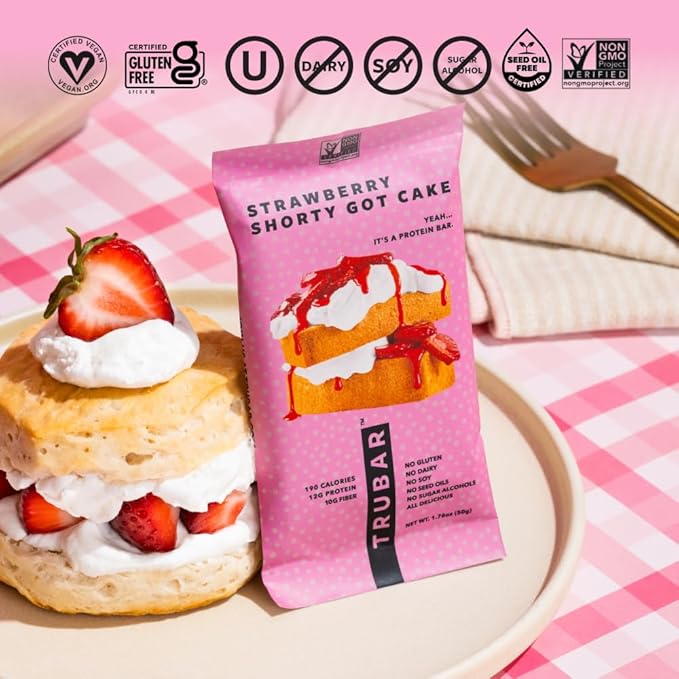 TRUBAR Vegan Protein Bar, Strawberry Shorty Got Cake, Gluten Free, Plant Based Protein, Dairy Free, Non GMO, Soy Free, No Sugar Alcohols, 12G Protein, 12G Fiber, 23G Carb, On the Go Snack Bars, 12 CT