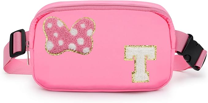 Chenille Initial Letter Bow Mouse Fanny Pack, Waterproof Park Crossbody Bag Christmas Birthday Gifts for Teen Girls Daughter Women Kids Adults, Cute Belt Bag Must Haves for Park Travel (T, Pink)