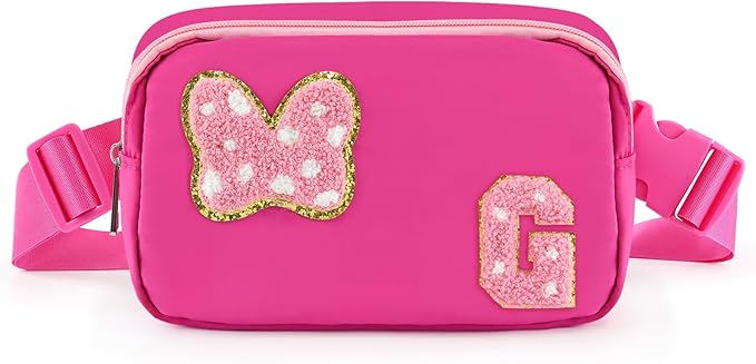 Chenille Initial Letter Bow Mouse Fanny Pack, Waterproof Park Crossbody Bag Christmas Birthday Gifts for Teen Girls Daughter Women Kids Adults, Cute Belt Bag Must Haves for Park Travel (G, Rose Red)