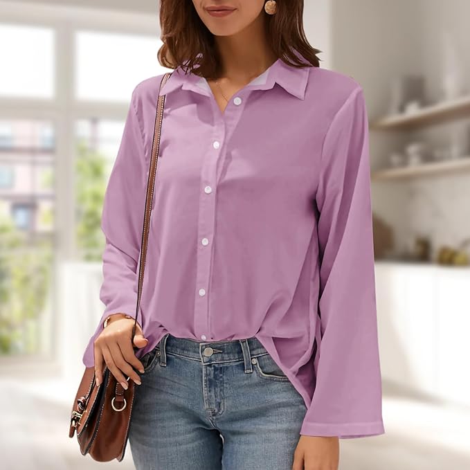 Womens Classic Shirts Casual Button Solid Color Long Sleeve Work Blouse Collared Relaxed Fit Summer Tops