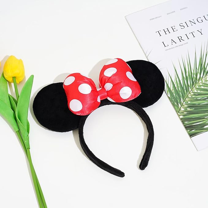Jeffan Mouse Ear Headband with 3D Cotton Bow, Polka Dot Bow Mouse Party Costume Accessories for Women Girls (Red)