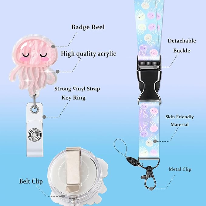 Jellyfish Badge Reel Lanyard Id Badge Holders Ocean Series Nurse Pediatric Name Pink Retractable Cute Design Retractable ClipRN LPN CNA MA NICU Medical 24”Acrylic Teacher Office Worker Accessories