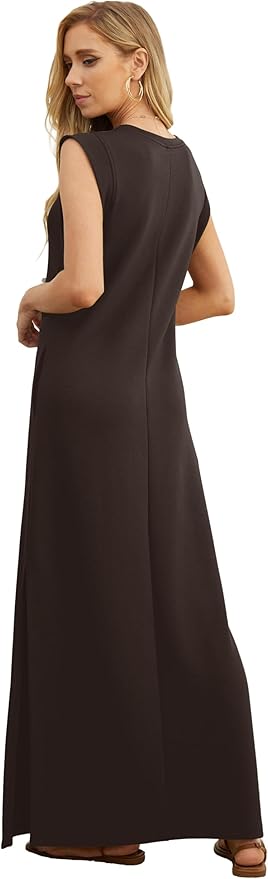 GRECERELLE 2026 Women Year-Round Casual Round Neck Loose Split Wrinkle-Free Long Maxi Vacation Dress with Pockets (XXS-4XL)