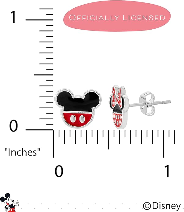 Disney Mismatched Mickey And Minnie Mouse Earrings for Official License, Silver-Plated Minnie and Mickey Stud Earrings