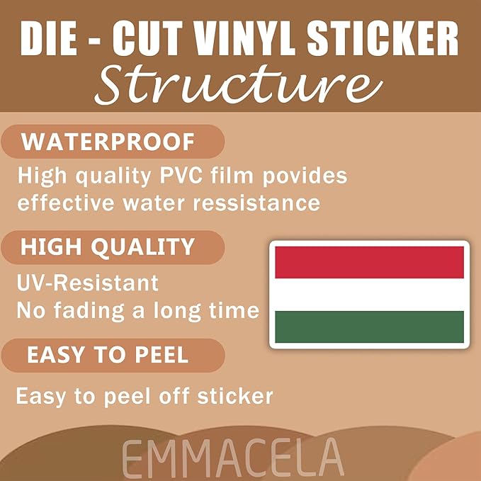 (3PCS) Hungary Flag stickers, Countries Flag Stickers - Waterproof Vinyl Decals For Laptops, Tumblers, Water Bottles, Books, Scrapbooks, Size 3 x 1.7 Inch