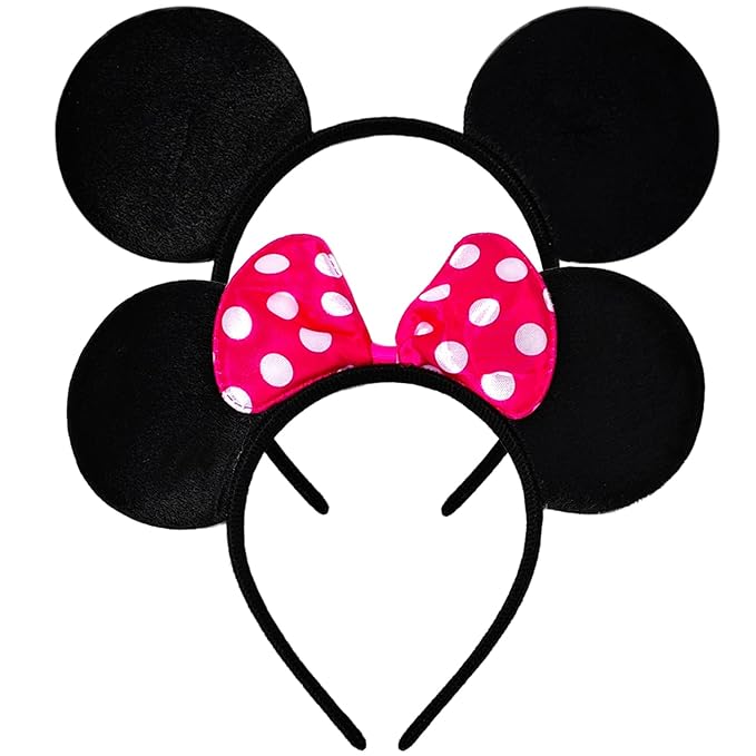 MADO 2 pack mouse ears headbands for adults women little girls boys (black fuchsia polla dot, onesize)