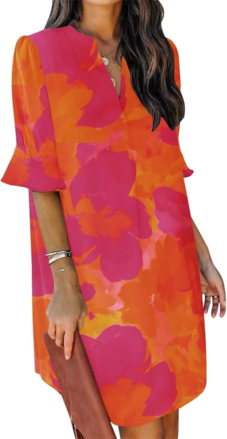 QACOHU Summer Dresses for Women V Neck Ruffle Short Sleeve Casual Shift Dress