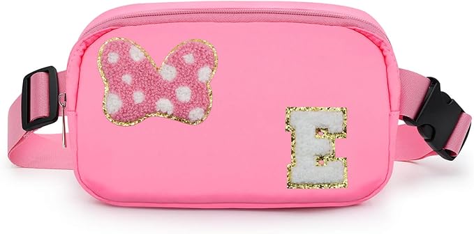 Chenille Initial Letter Bow Mouse Fanny Pack, Waterproof Park Crossbody Bag Christmas Birthday Gifts for Teen Girls Daughter Women Kids Adults, Cute Belt Bag Must Haves for Park Travel (E, Pink)