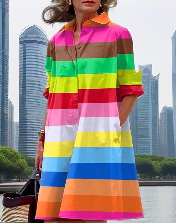 Womens 2025 Long Sleeve Button Down Shirt Summer Dress Casual V Neck Loose Fit Midi Shirt Dresses with Pockets