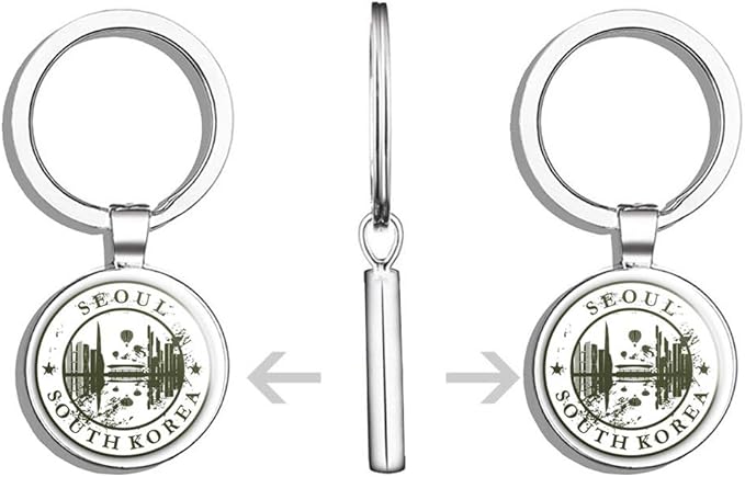 Seoul South Korea Grunge Rubber Travel Stamp Round Stainless Steel Metal Key Chain Keychain Ring Double Sided Deisgn