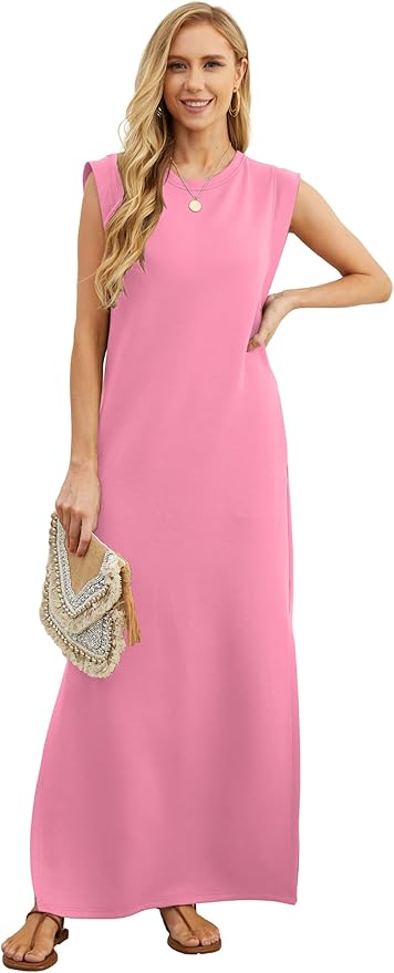 GRECERELLE 2026 Women Year-Round Casual Round Neck Loose Split Wrinkle-Free Long Maxi Vacation Dress with Pockets (XXS-4XL)