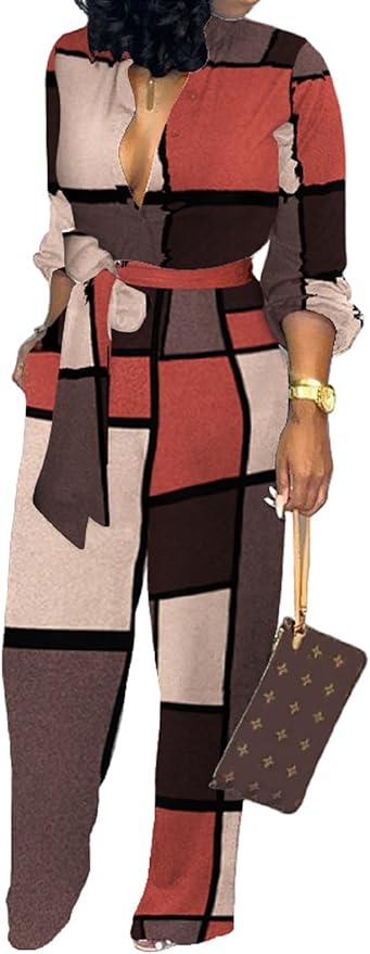 SeNight Women's Jumpsuits Elegant Business Casual Button Down V Neck Long Sleeve Strap Straight Long Pants With Pockets