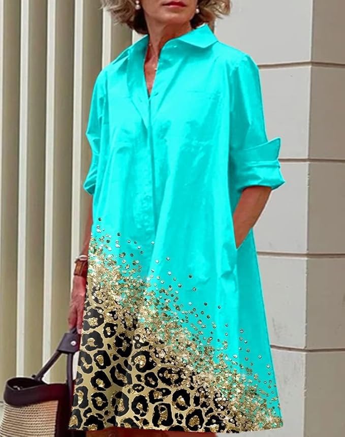 Womens 2025 Long Sleeve Button Down Shirt Summer Dress Casual V Neck Loose Fit Midi Shirt Dresses with Pockets