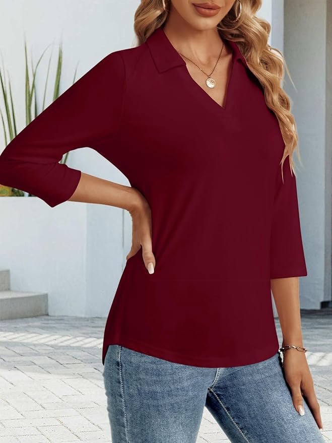 3/4 Length Sleeve Womens Tops Dressy Casual V Neck Polo Shirts Business Work Blouses 2025 Trendy Tunic Top