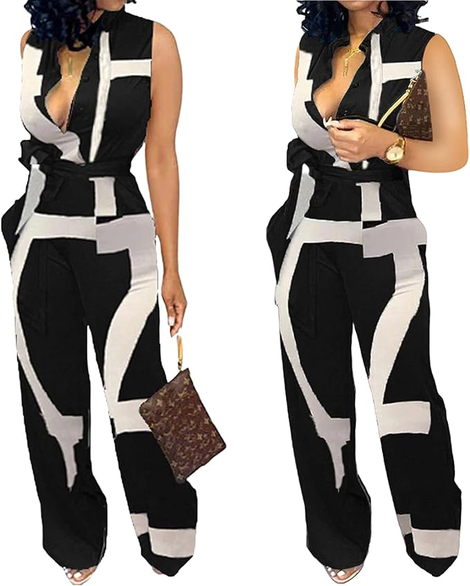 SeNight Women's Jumpsuits Elegant Business Casual Button Down V Neck Long Sleeve Strap Straight Long Pants With Pockets