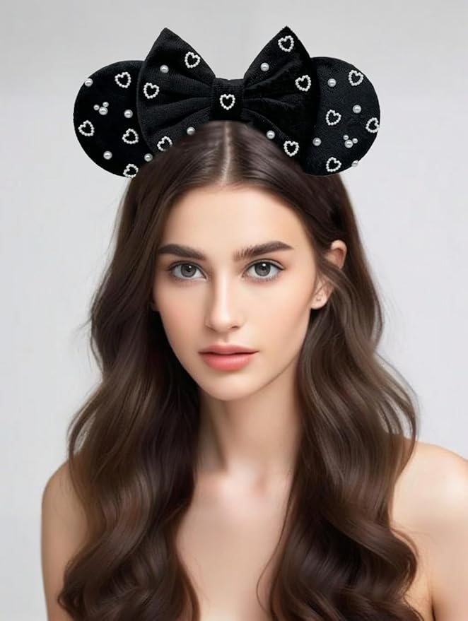 WW-WONDERFULWORLD Mouse Ears Headband with Black Velvet Bow, Pearl Heart Decorations, Costume Accessory, Party Cosplay; 8AX