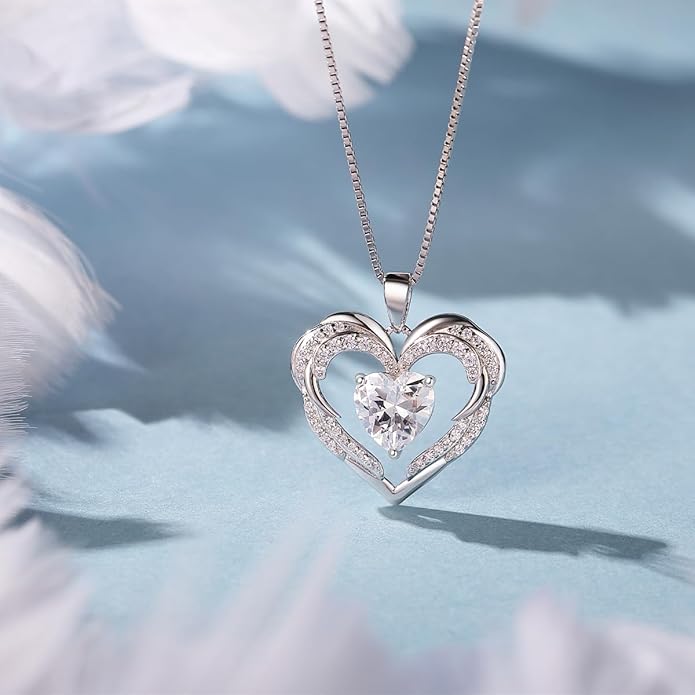 Jurikko Heart Necklaces Valentine's Gift for Women, Birthstone 925 Sterling Silver Angel Wings Love Pendant Necklaces for Women, Jewelry Gifts for Wife, Anniversary, Mother's day