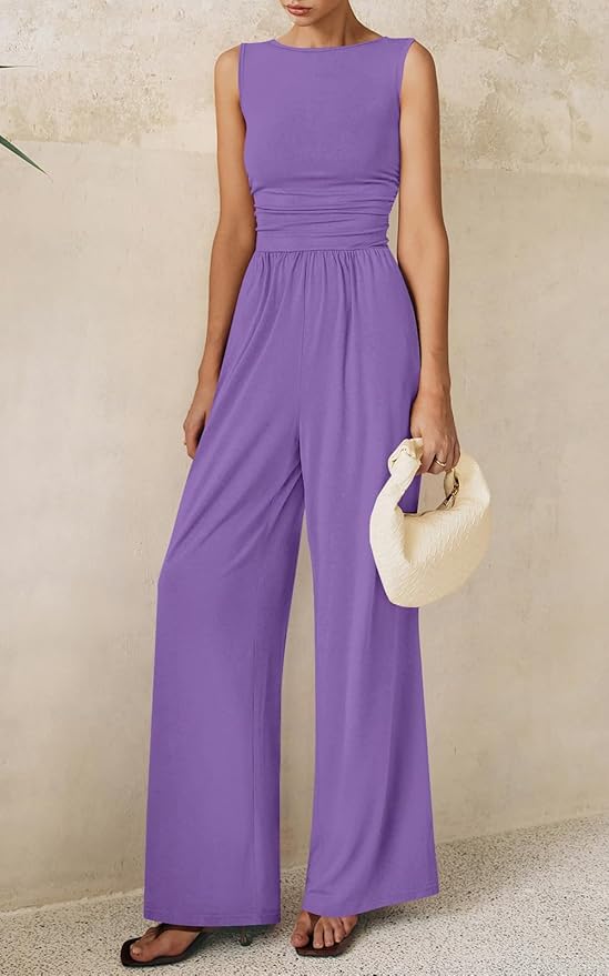 PRETTYGARDEN One Piece Jumpsuits for Women Dressy Casual Sleeveless Crewneck Wide Leg Rompers Jumpers Vacation Summer Outfits