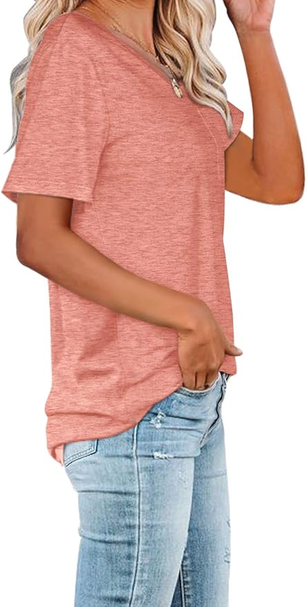 WIHOLL Women Summer T Shirts Short Sleeve Rounded V Neck Pocket Tee Tops