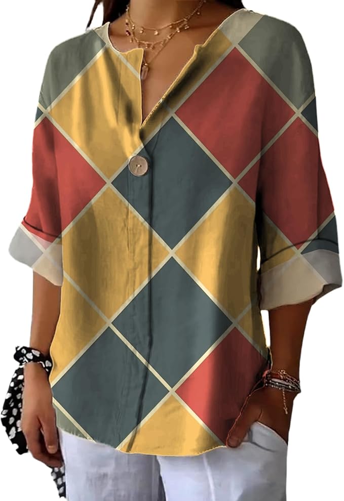 Long Sleeve Shirts for Women V Neck Button Boho Graphic Blouses Casual Collared Fashion Summer Flowing Tops