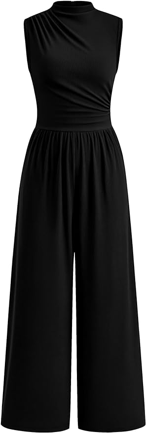 PRETTYGARDEN Womens Summer Jumpsuits Dressy Casual One Piece Outfits Sleeveless Mock Neck Wide Leg Pants Rompers with Pockets