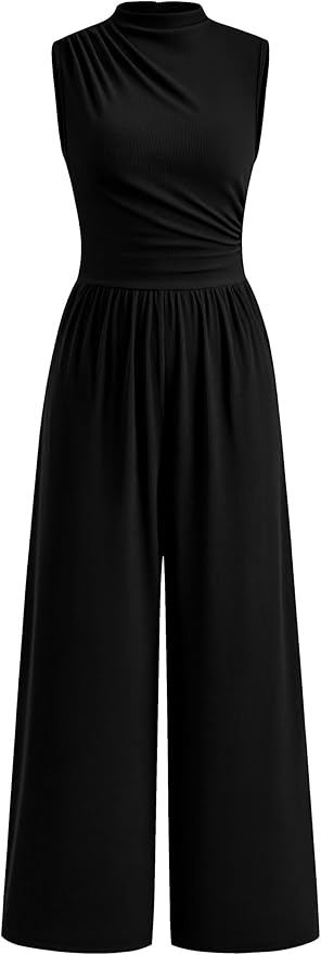 PRETTYGARDEN Womens Summer Jumpsuits Dressy Casual One Piece Outfits Sleeveless Mock Neck Wide Leg Pants Rompers with Pockets