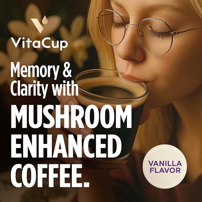 VitaCup Mushroom Coffee Grounds, Vanilla Flavored Coffee with Lions Mane, Chaga, B Vitamins, D3, Boost Focus, Immunity, Memory & Clarity, Medium Dark Roast, 100% Arabica Specialty, 4 bags, 10oz each