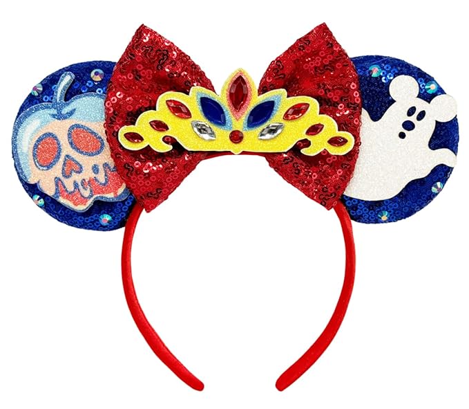 WW-WONDERFULWORLD Mouse Ears Headband with Royal Crown, Poison Apple and Ghost Accent, Red and Blue Sequin Halloween Park Costume Accessory, for Snow Fairy Princess Dress, Funny Cosplay Party;