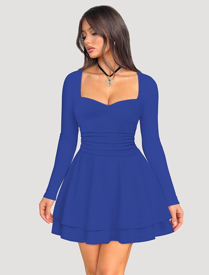 IWD Women's Square Neck Long Sleeve Mini Dress Ruched Corset Waist Tiered Ruffle Hem A Line Short Party Dresses