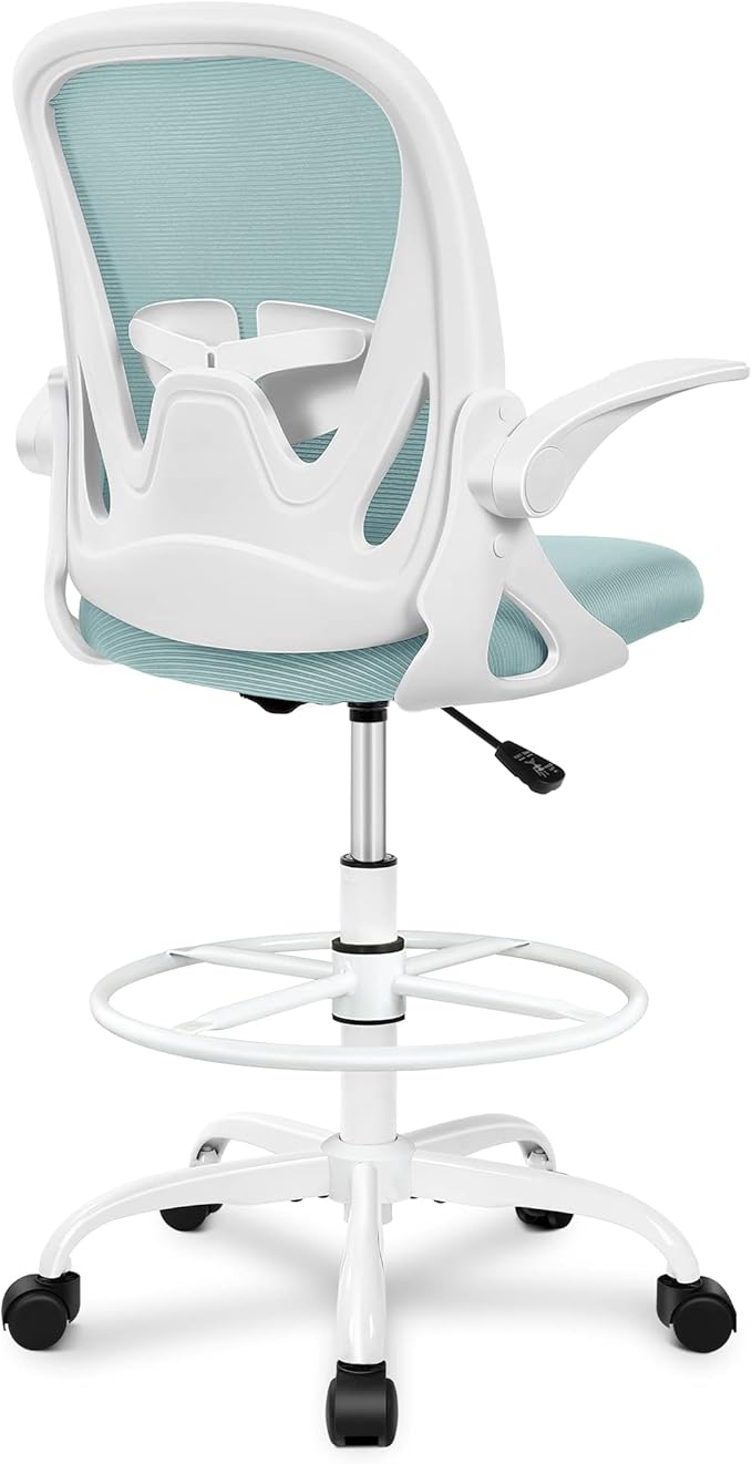 Primy Drafting Chair Tall Office Chair with Flip-up Armrests Executive Ergonomic Computer Standing Desk Chair with Lumbar Support and Adjustable Footrest Ring（Light Blue）