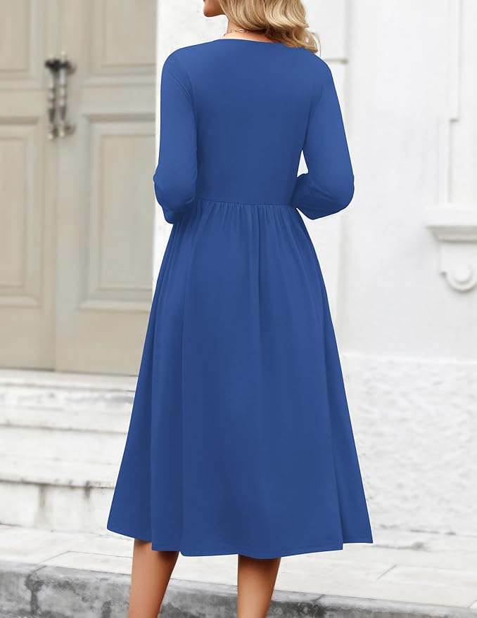 Zeagoo 3/4 Sleeve Women's Dress Casual Flowy A-Line Midi Tshirt Dresses with Pockets Crewneck Vocation Boho Beach Sundress