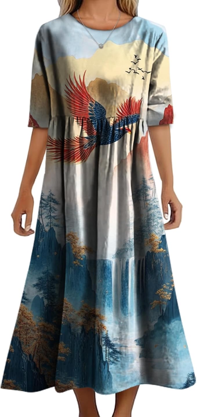 MARSVOVO Trendy Dresses for Women 2025 Classic Fairy Flowy Sundress Relaxed Fit Dress with Side Pockets