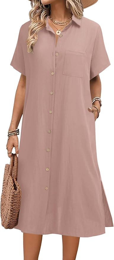 HOTOUCH Womens Dress Summer Casual Midi Short Sleeve Button Down Shirt Dresses Loose Beach Cover Up with Pockets