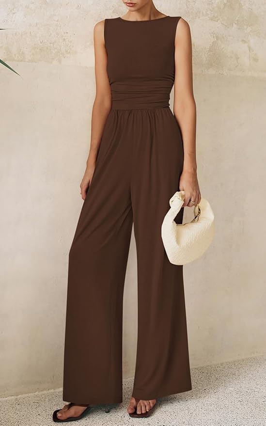 PRETTYGARDEN One Piece Jumpsuits for Women Dressy Casual Sleeveless Crewneck Wide Leg Rompers Jumpers Vacation Summer Outfits