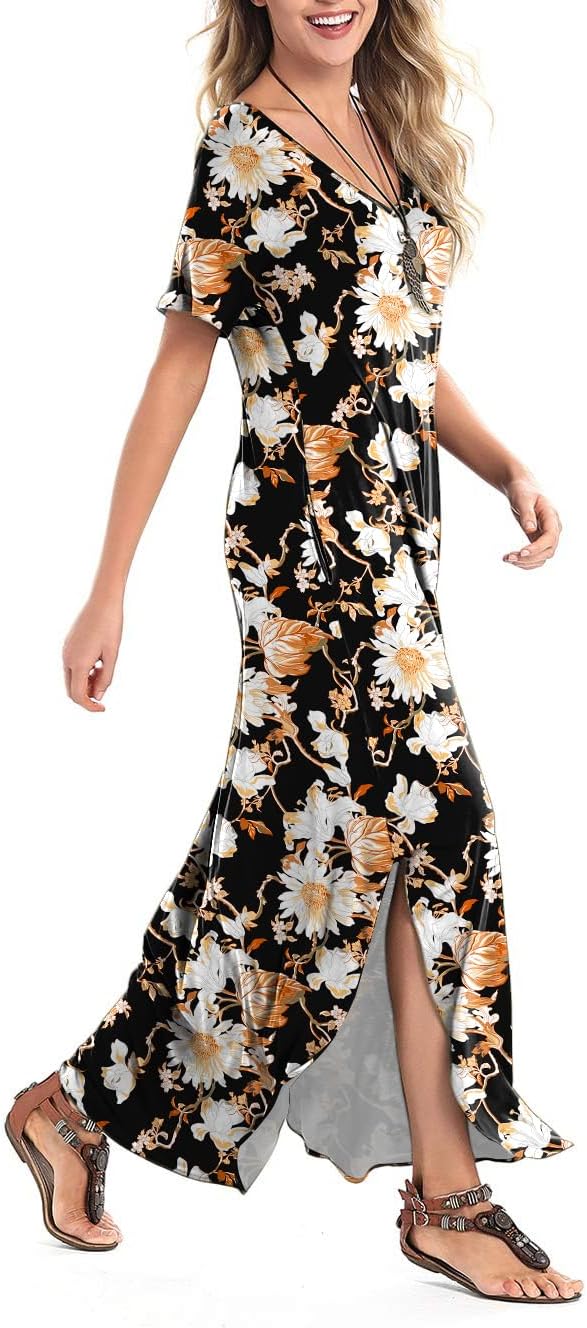 Arolina Women's Summer Maxi Dress Short Sleeve V Neck Casual Loose Long Beach Split Dresses with Pockets