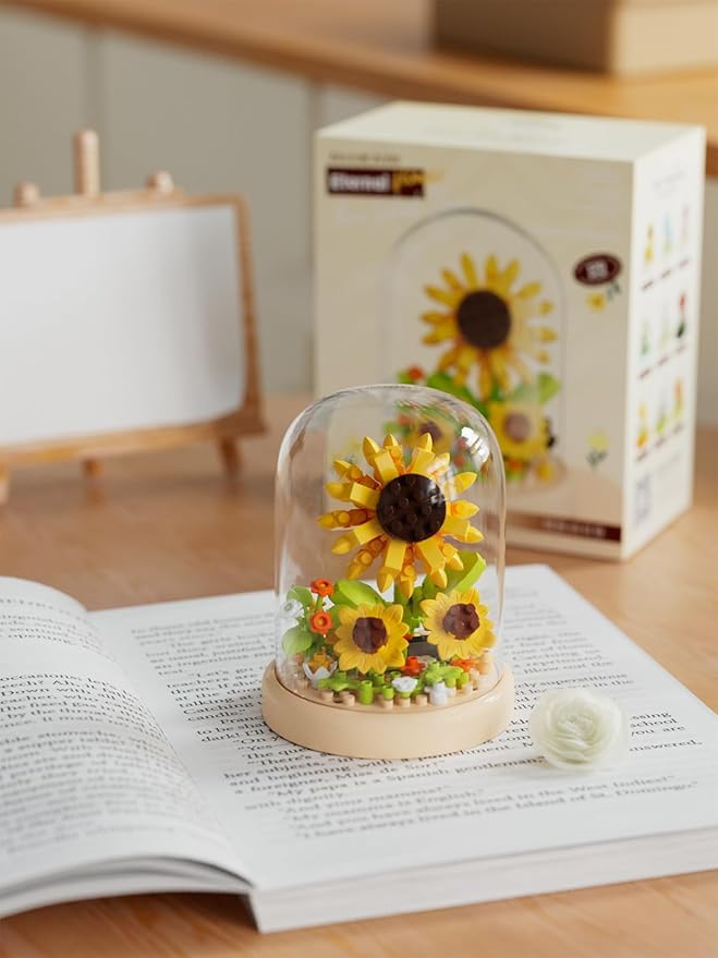 Sacblirr Sunflowers Secret Mini Flower Building Toy Bouquets with Dust Cover Set Creative Assembly Bonsai Tree Ideal for Home Decor Collection Toys