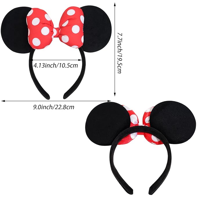 Jeffan Mouse Ear Headband with 3D Cotton Bow, Polka Dot Bow Mouse Party Costume Accessories for Women Girls (Red)