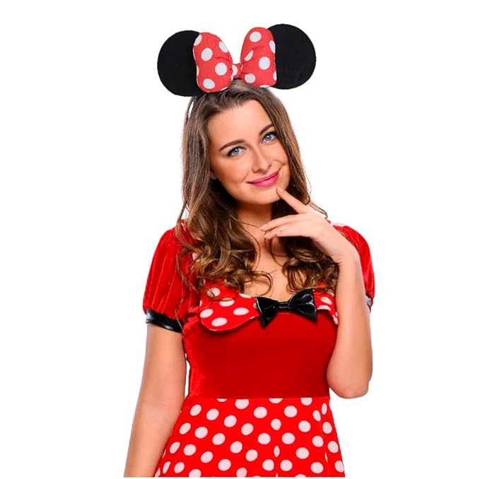 Jeffan Mouse Ear Headband with 3D Cotton Bow, Polka Dot Bow Mouse Party Costume Accessories for Women Girls (Red)