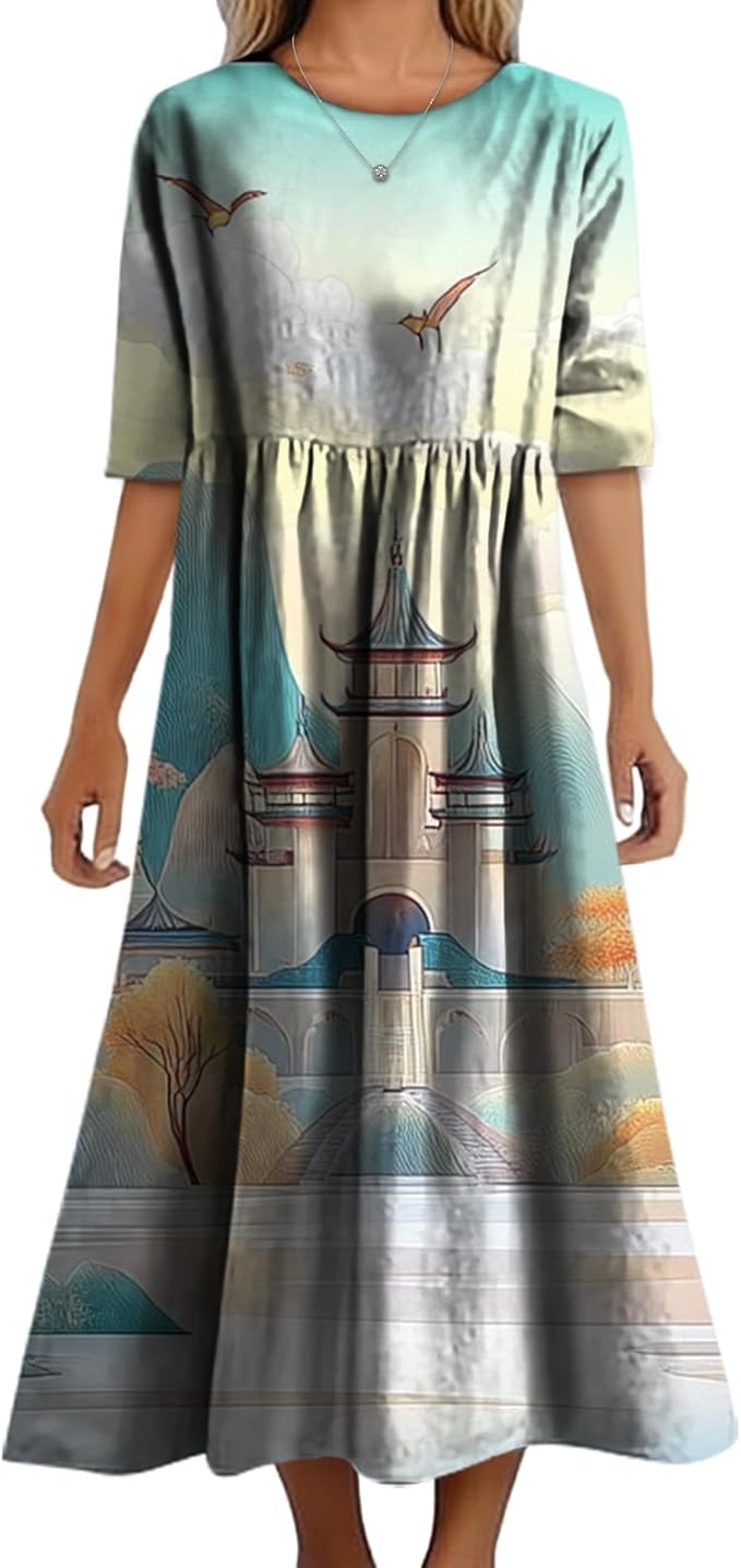 MARSVOVO Trendy Dresses for Women 2025 Classic Fairy Flowy Sundress Relaxed Fit Dress with Side Pockets